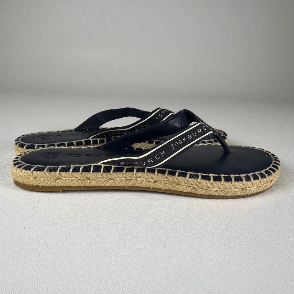 Tory Burch Ribbon Thong Espadrille Flip Flop Sandals Womens Perfect Navy Size 6 - Picture 3 of 8